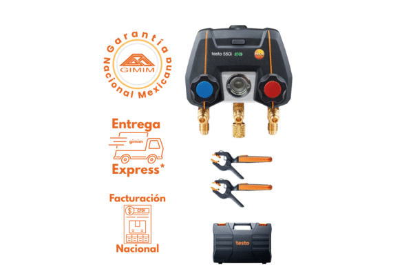 Mostrando juego de manómetros bluetooth para refrigeración marca Testo 550i.