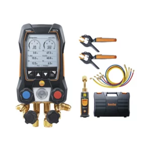 Foto del contenido del kit completo de herramientas para aire acondicionado de la marca Testo.