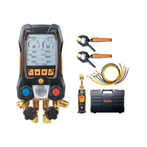 Mostrando un kit completo de herramientas para refrigeración ede la marca Testo