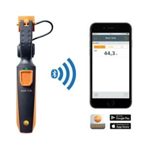 Termómetro de superficie de pinza maraca Testo modelo 115i conectandose a móvil via bluetooth